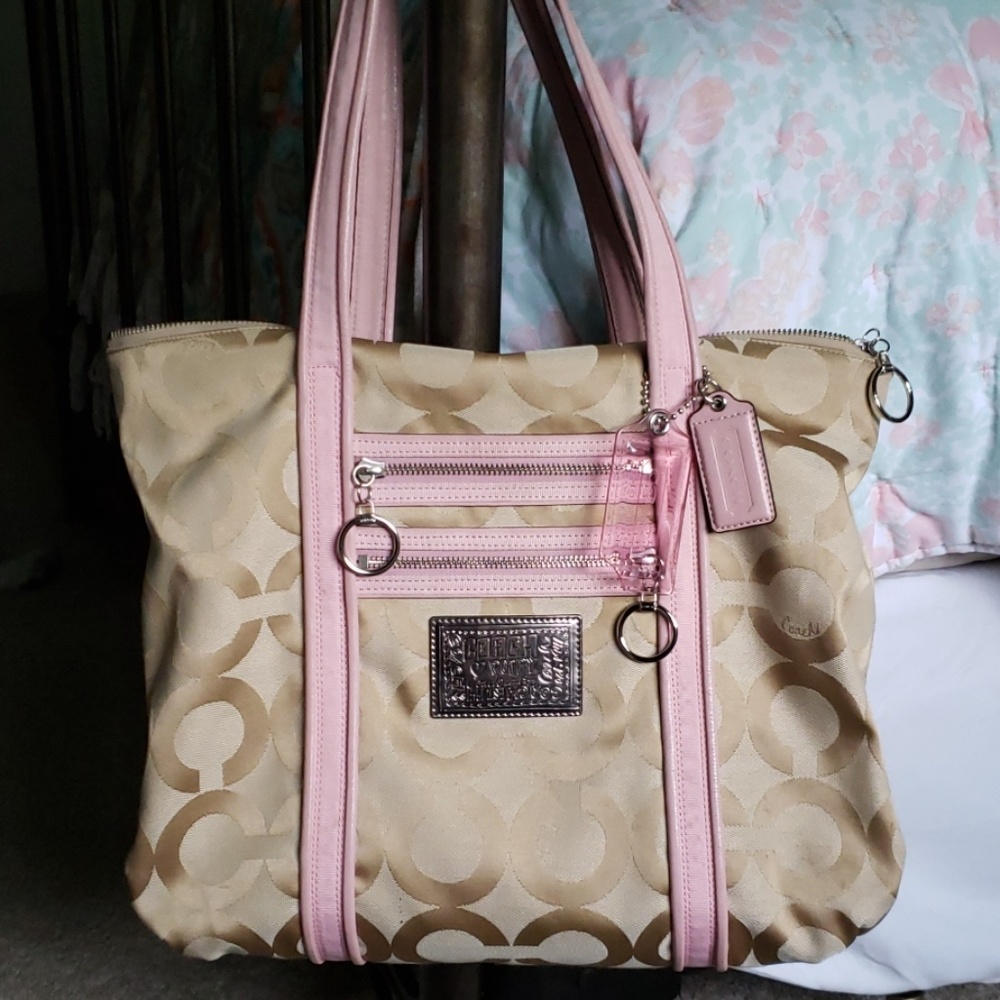 Coach poppy pink and tan purse